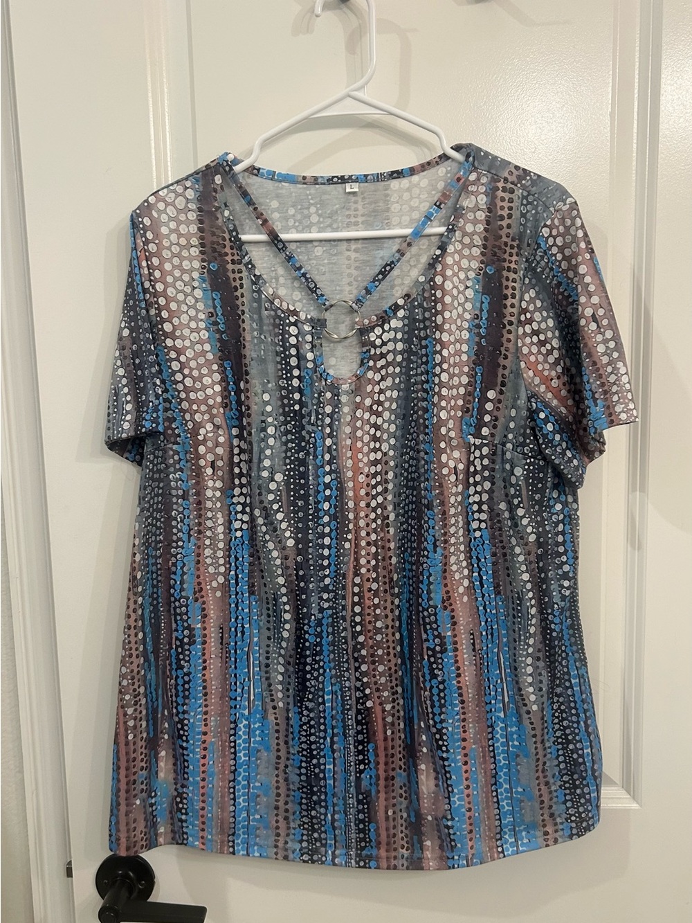 Women’s Blue Multi-Stripe Short Sleeve Top with Ring Detail